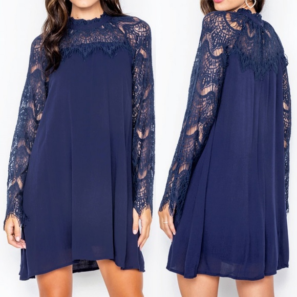 Navy Blue Crochet Lace Mock Neck Swing Shift Dress - Picture 7 of 8